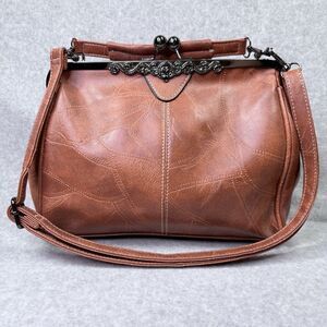 Women Medium Retro Handbag Kiss Lock Satchel Shoulder Purse Oil Wax Faux Leather